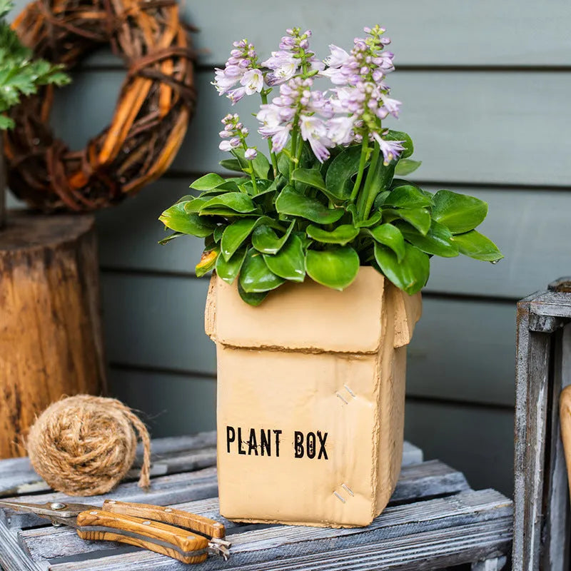 Cement flowerpot with brown paper box texture and bottom drainage holes on a floor.