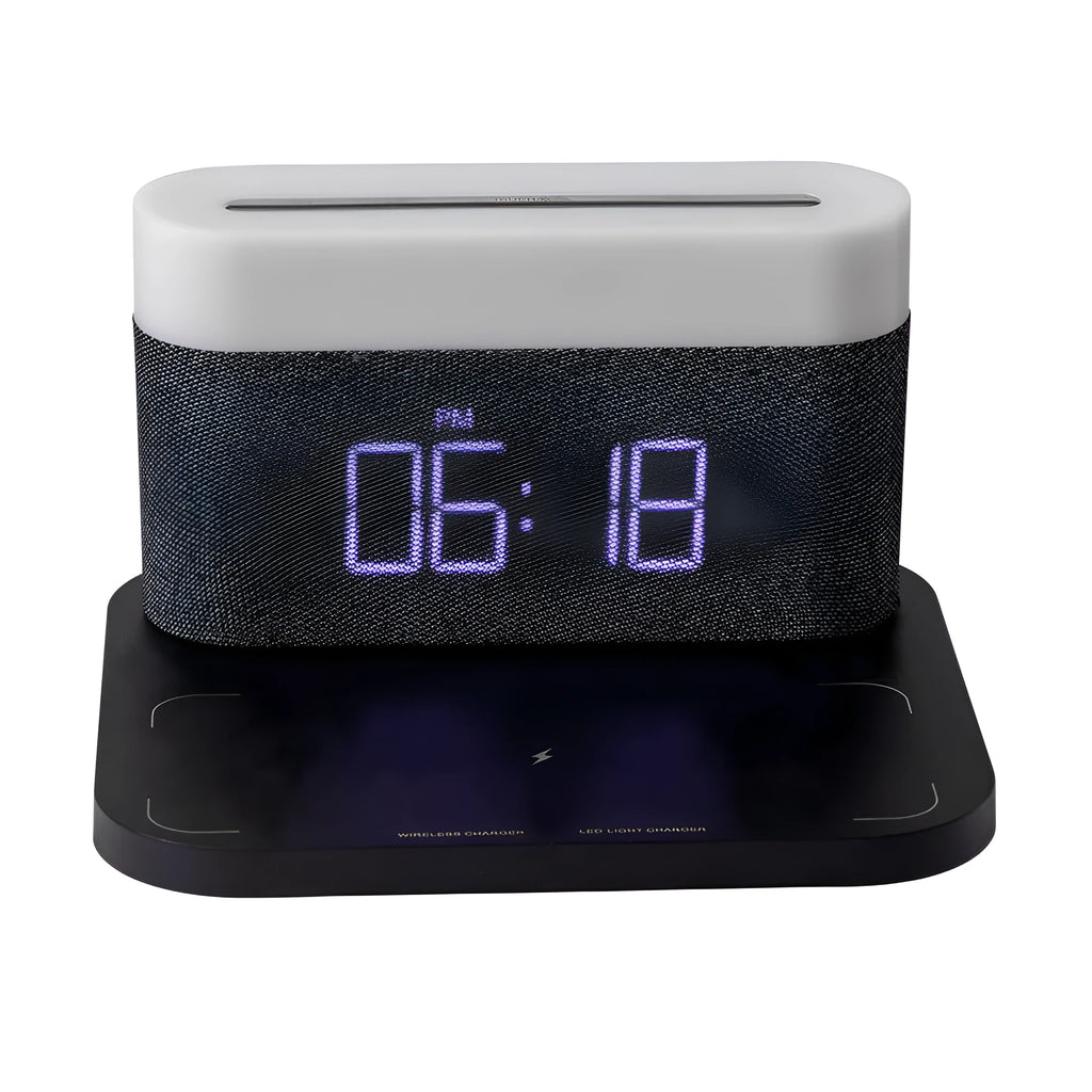 Mini black and white desk lamp with integrated wireless charging pad and clock display.