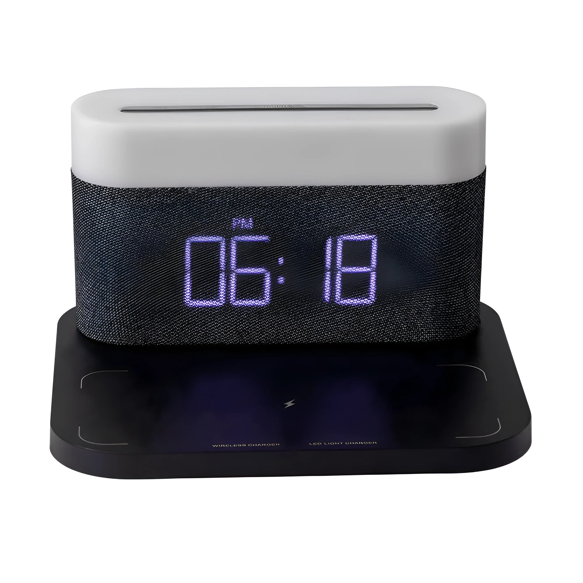 Mini black and white desk lamp with integrated wireless charging pad and clock display.