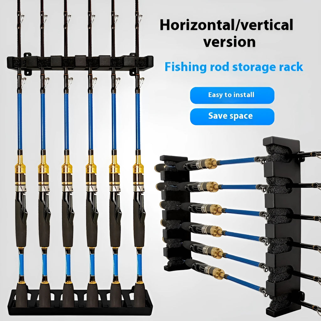 Black ABS plastic wall-mounted fishing rod storage rack shown in vertical and horizontal styles