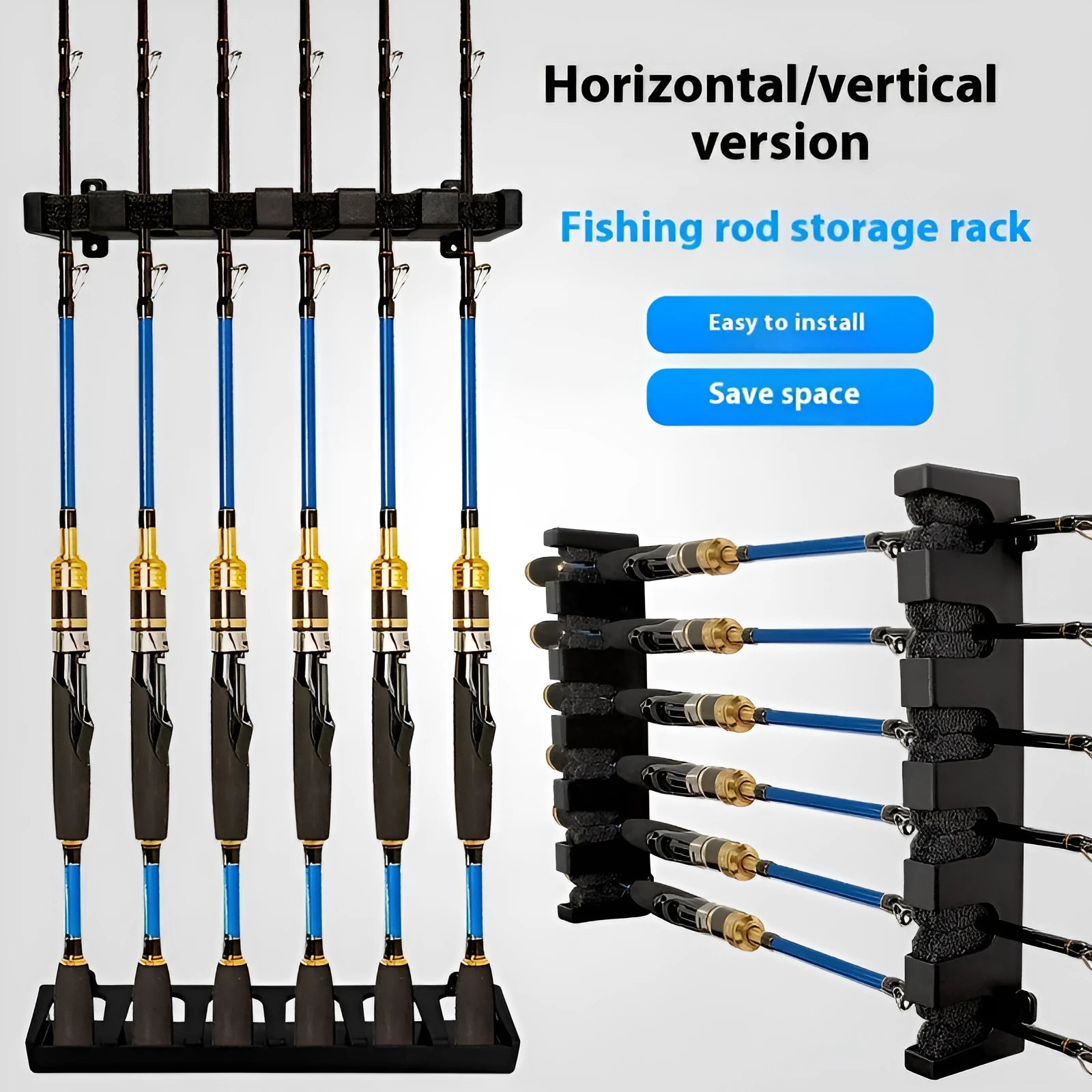 Black ABS plastic wall-mounted fishing rod storage rack shown in vertical and horizontal styles