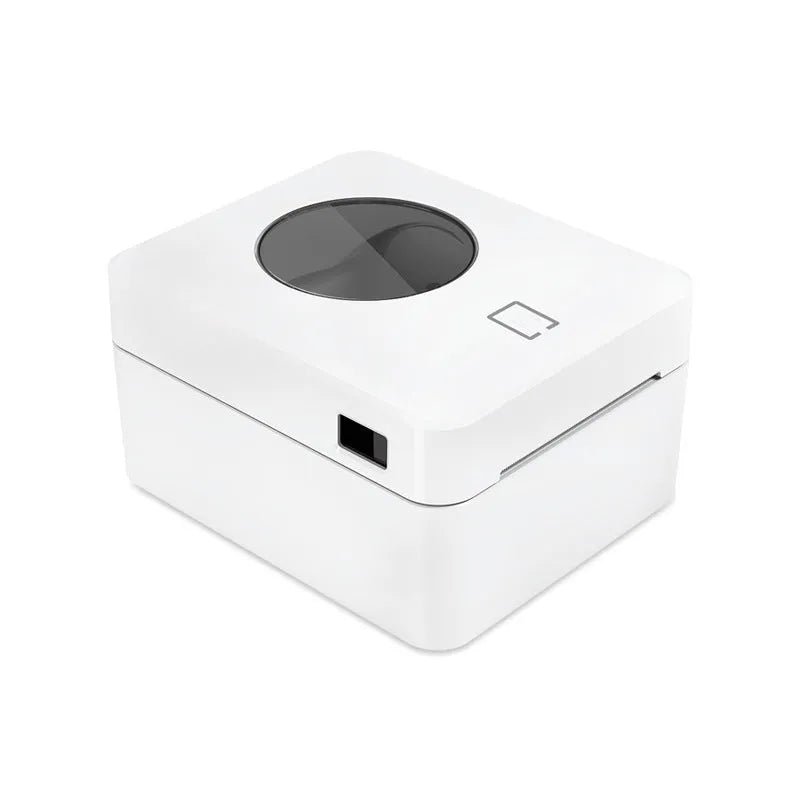 White thermal label printer with Bluetooth and USB connectivity measuring 200x160mm