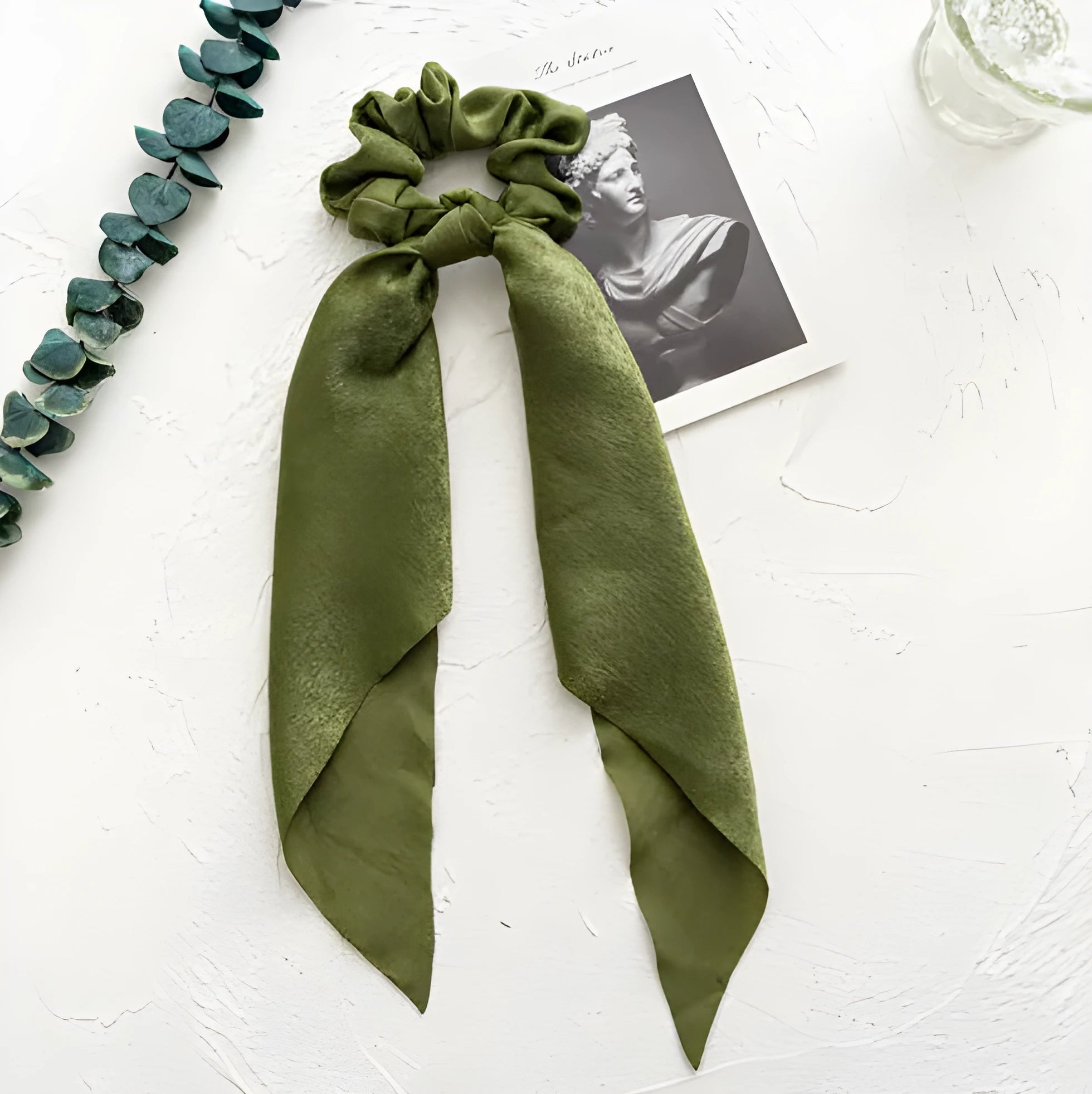 Spring dark green cloth hair band with large intestine ring shape and long ribbon for ponytail or headwear.