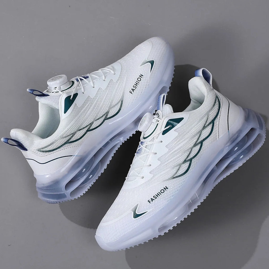 White rotating button casual sports shoes with mesh upper and rubber sole
