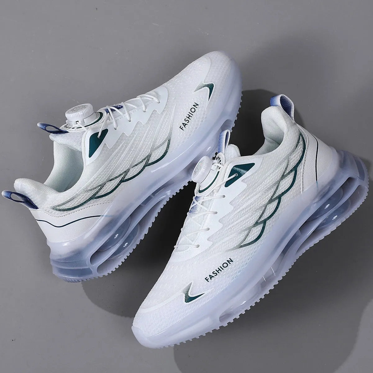 White rotating button casual sports shoes with mesh upper and rubber sole