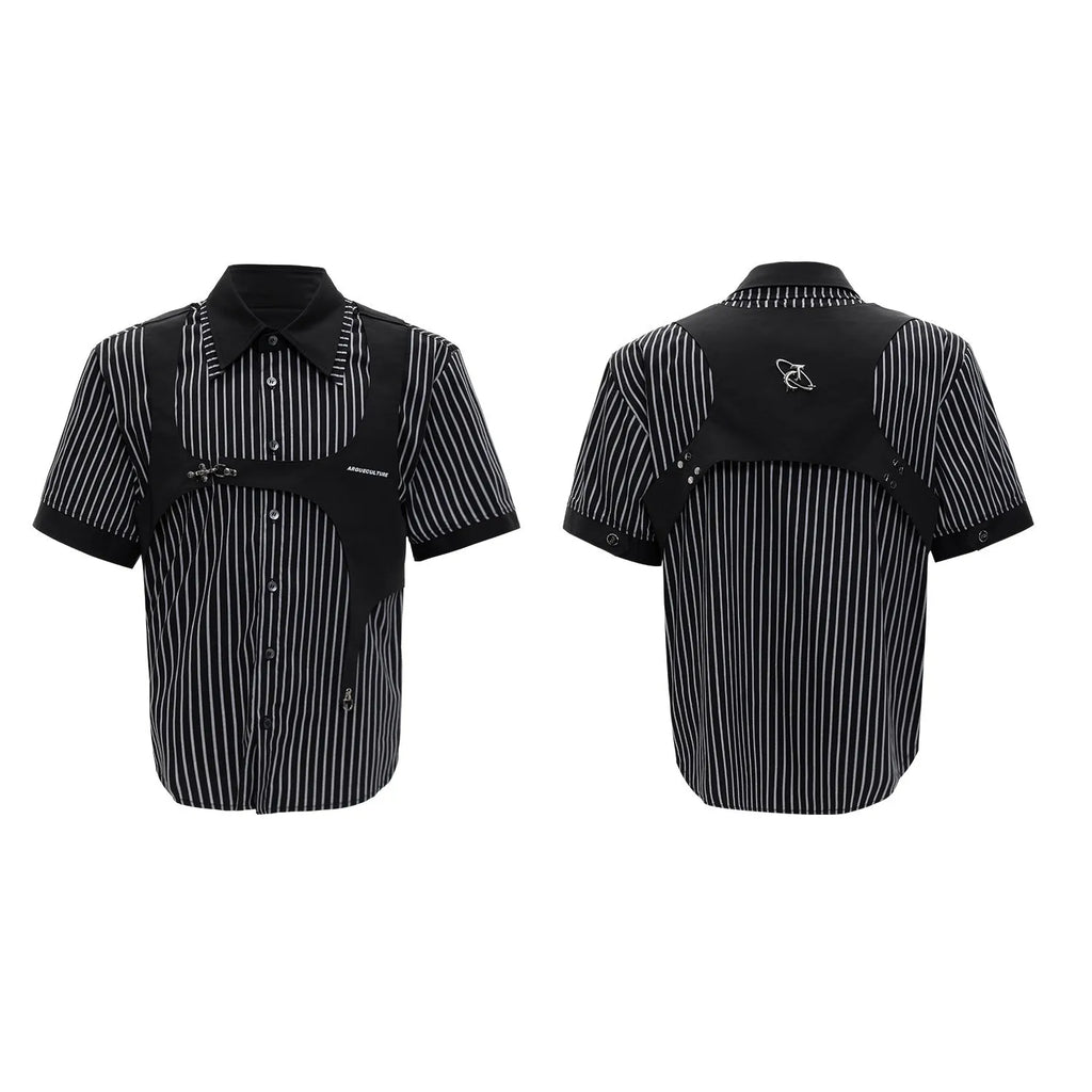 Men's black and white striped cotton shirt with double collar lapel design and short sleeves