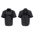 Men's black and white striped cotton shirt with double collar lapel design and short sleeves
