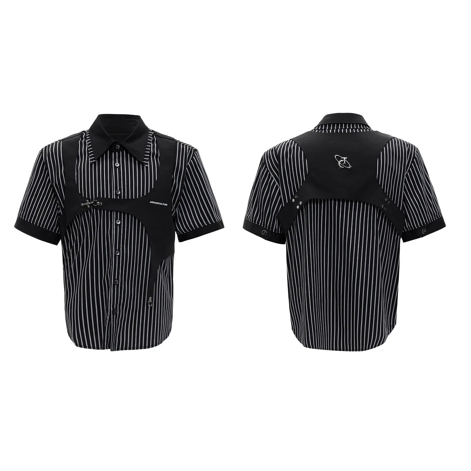 Men's black and white striped cotton shirt with double collar lapel design and short sleeves