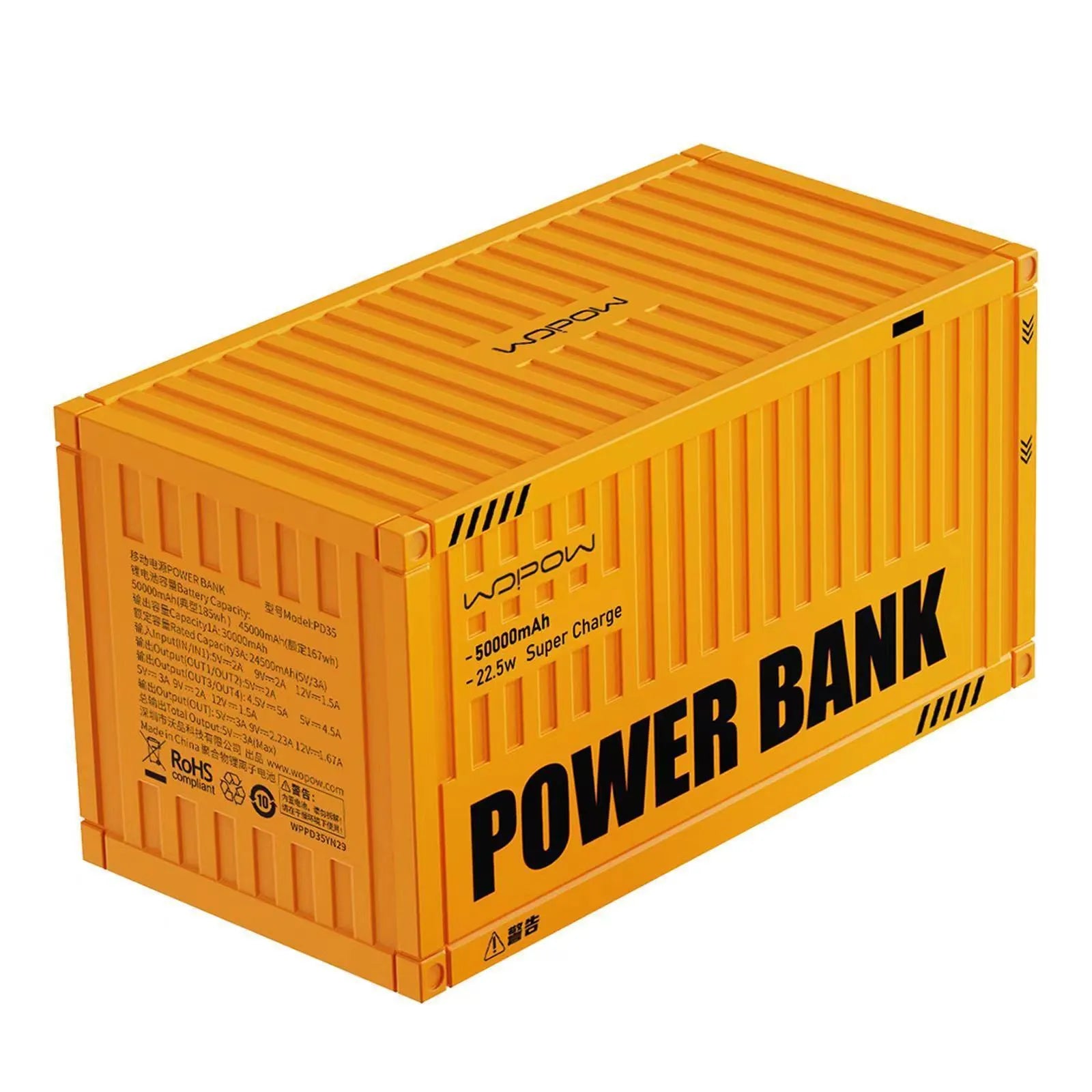 50000mAh yellow black silver plastic power bank with digital display and five USB output ports.