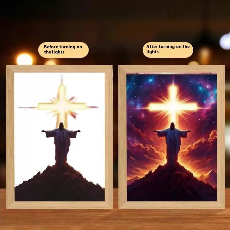 Modern rectangular LED light painting frame showing a sea and home scene on a wall.