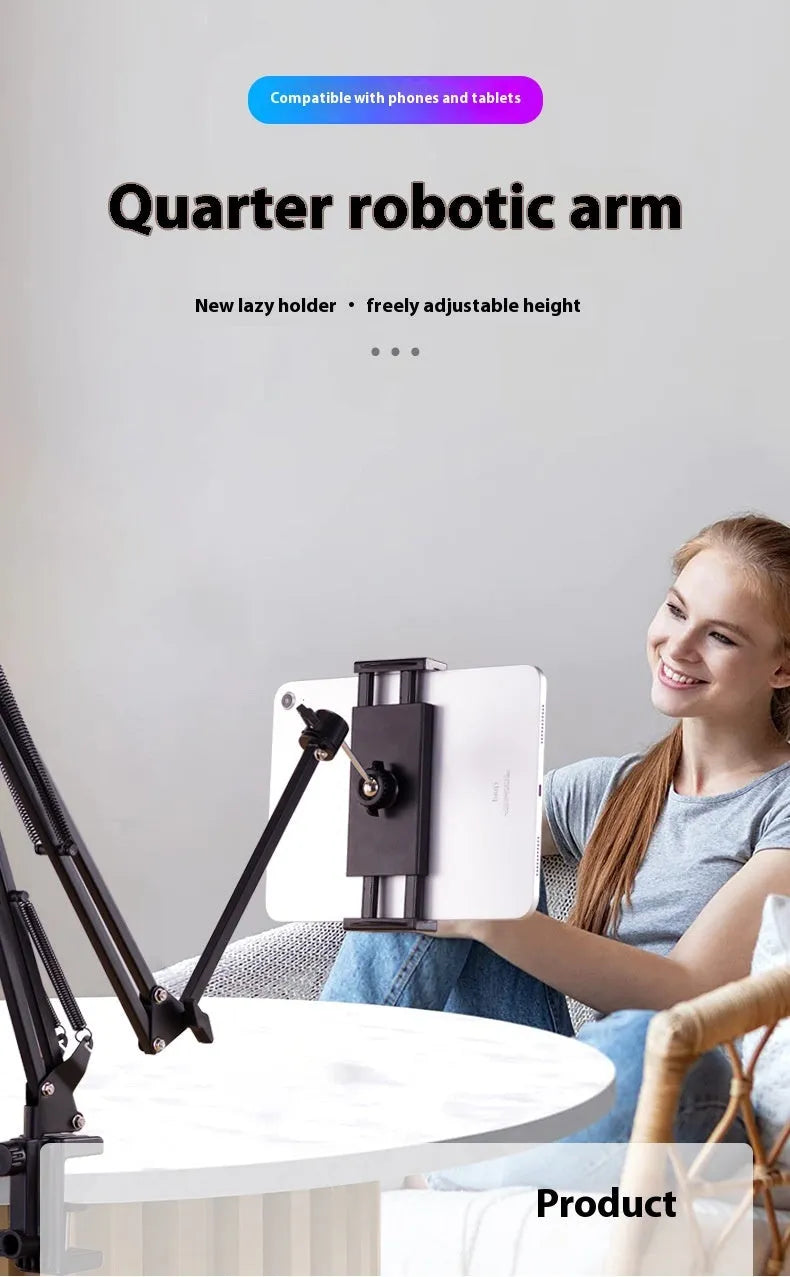 Black foldable metal cantilever bracket holding a tablet, showing its adjustable arms and clip.