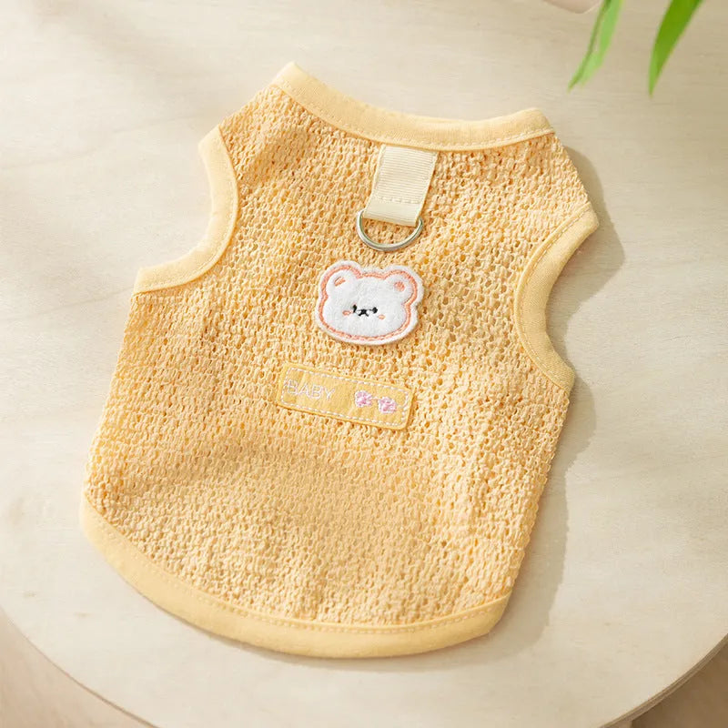 Knitted fabric cat clothes with bear patch in blue, green or yellow colours