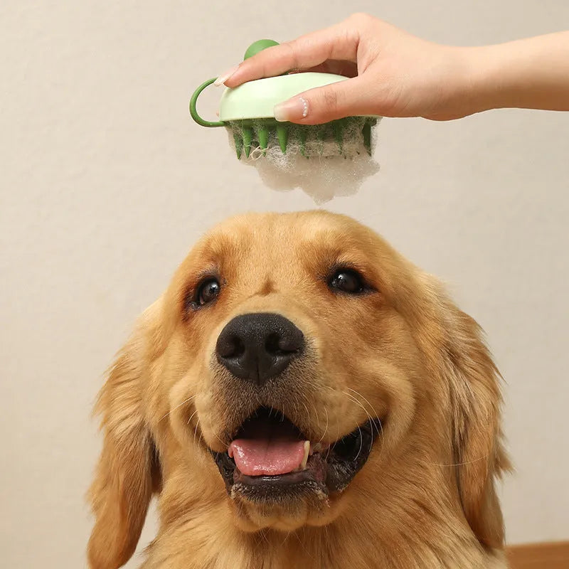 Silicone pet grooming comb for dogs in dark blue, handheld hair remover and shampoo massage brush