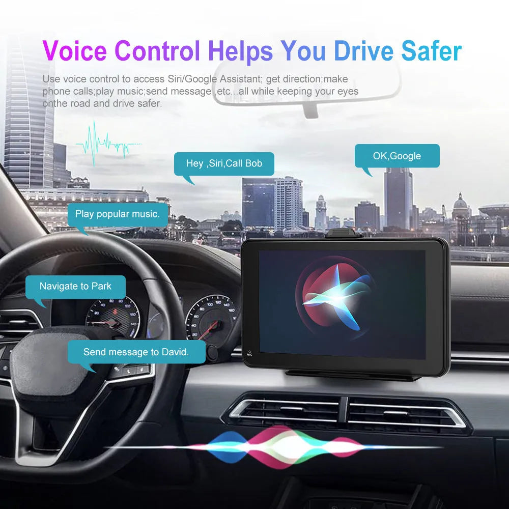 7-inch HD wired car screen player with universal support mounts on black background