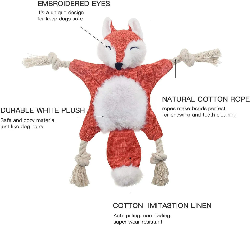 Brown plush fox dog toy with embroidered eyes, cotton rope limbs, and a squeaker.