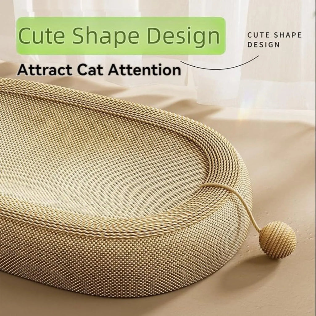 Large rectangular sisal cat scratching board with a raised cat bed lounge on top.