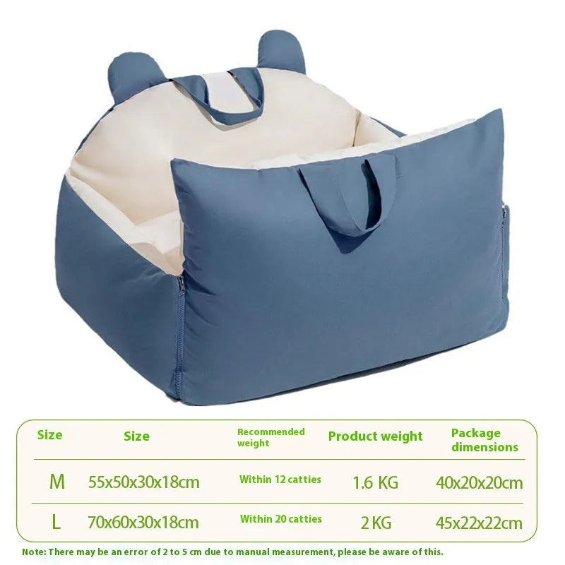 Removable washable dog car kennel in beige, shown in M and L sizes