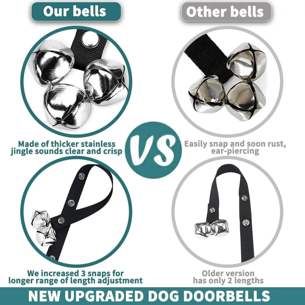Dog training doorbell with several silver metal bells hanging from an adjustable nylon leash.