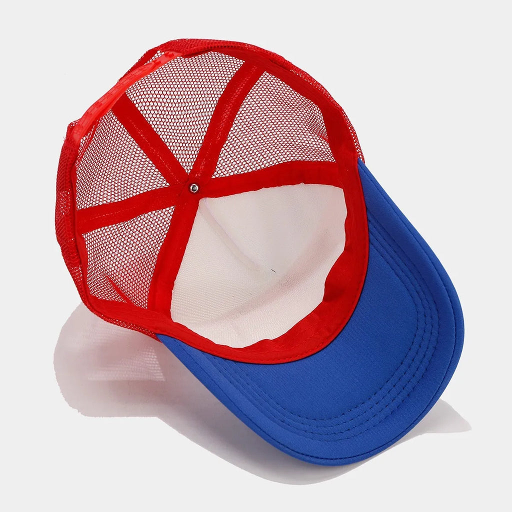 Red and blue two-tone breathable mesh baseball cap with adjustable strap and dome crown.