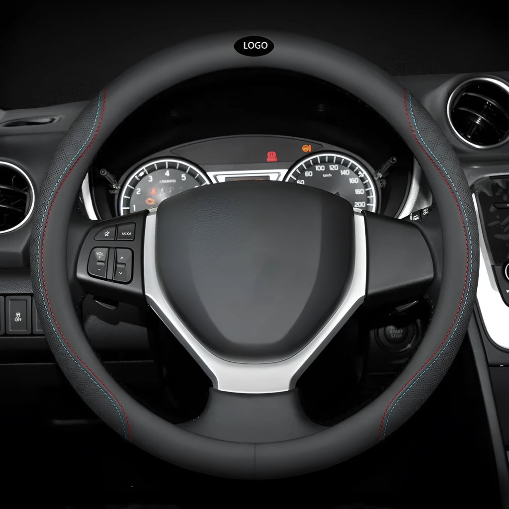 Black leather steering wheel cover with two-colour line detailing showing Napa leather texture and rubber inner ring