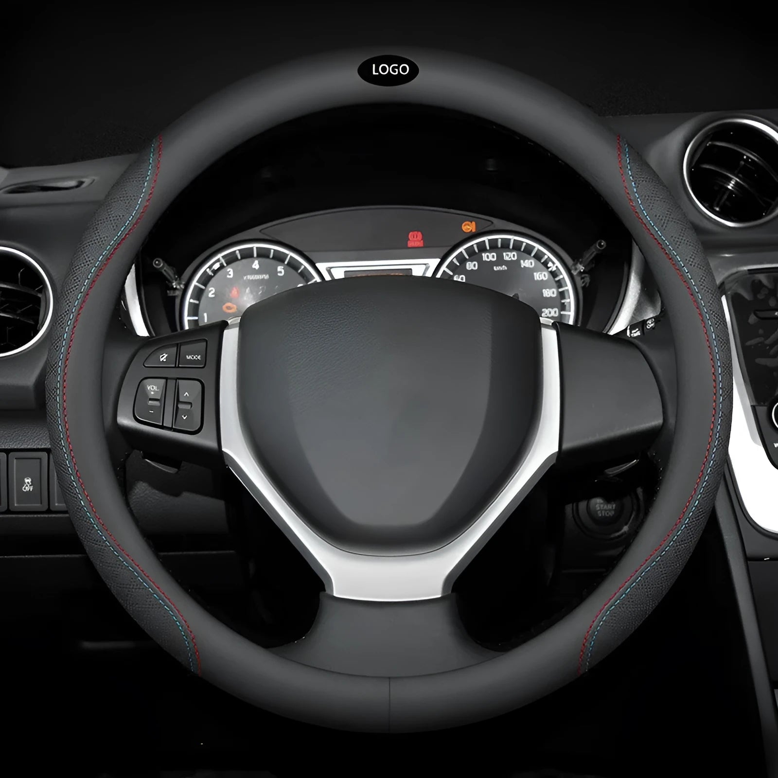 Black leather steering wheel cover with two-colour line detailing showing Napa leather texture and rubber inner ring
