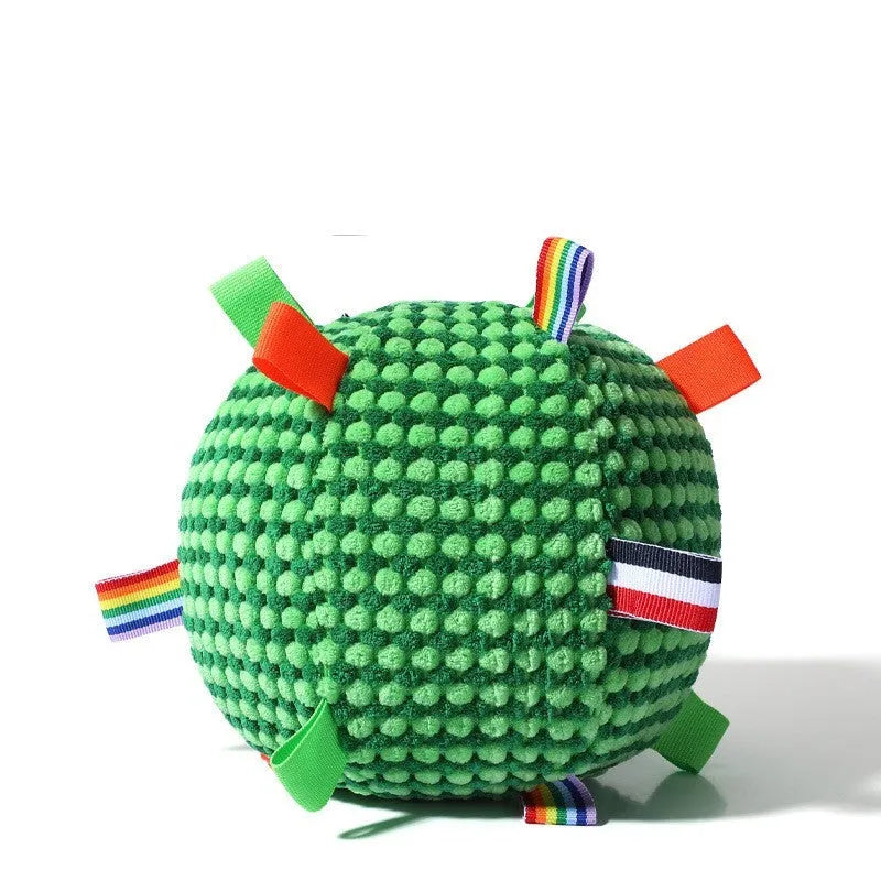 Blue and yellow pineapple lattice dog ball toy with 17cm diameter and internal sound ring