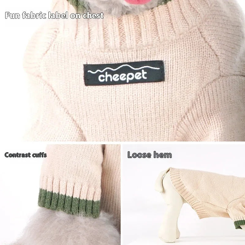 British style wool pet sweater with two-leg design in crown blue colour on a dog