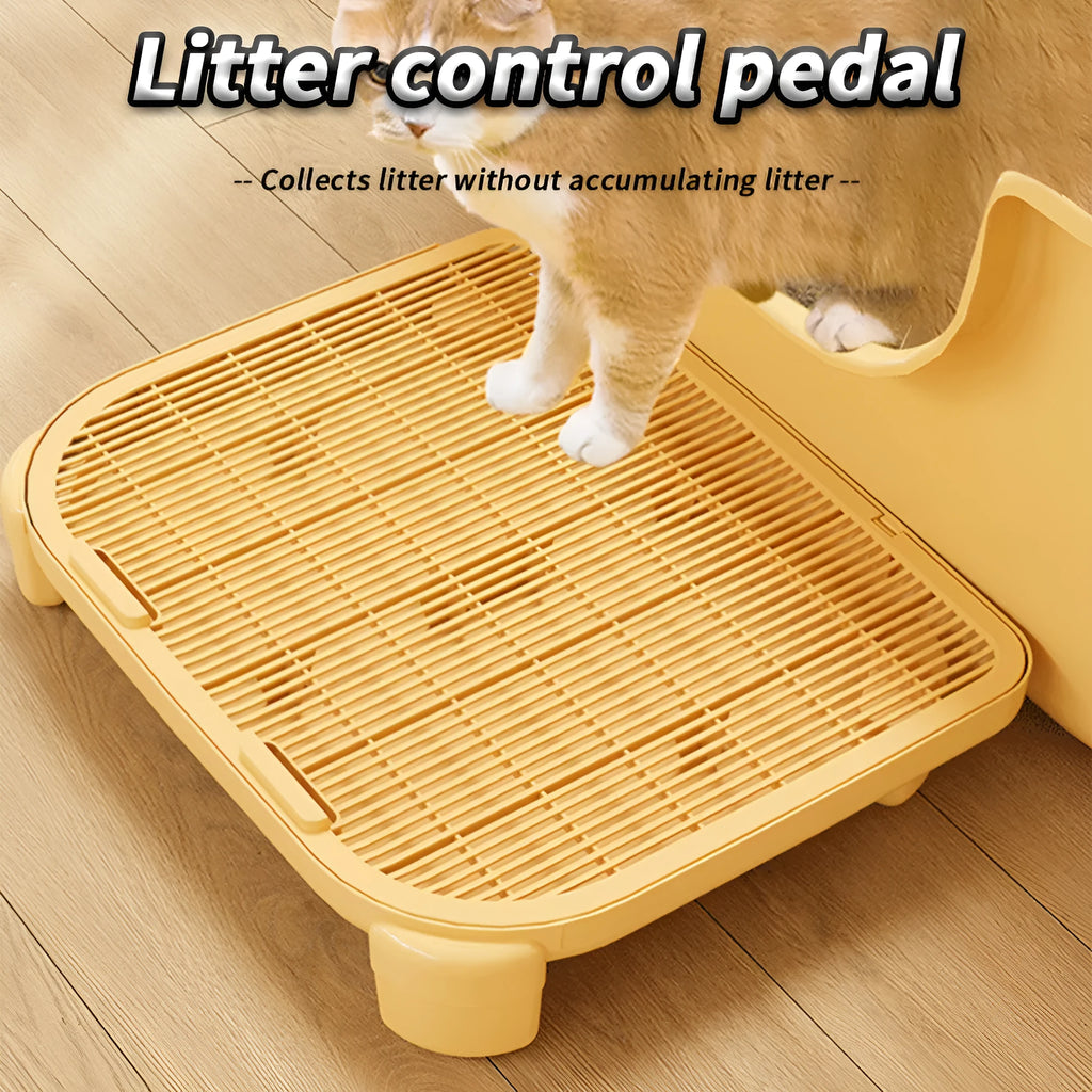 Oversized milk yellow plastic cat litter mat with anti-slip silicone feet on a hardwood floor