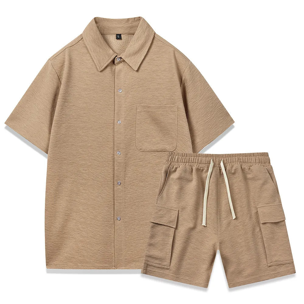 Casual two-piece clothing set with a short sleeve top and elastic waist shorts in beige.