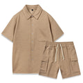 Casual two-piece clothing set with a short sleeve top and elastic waist shorts in beige.