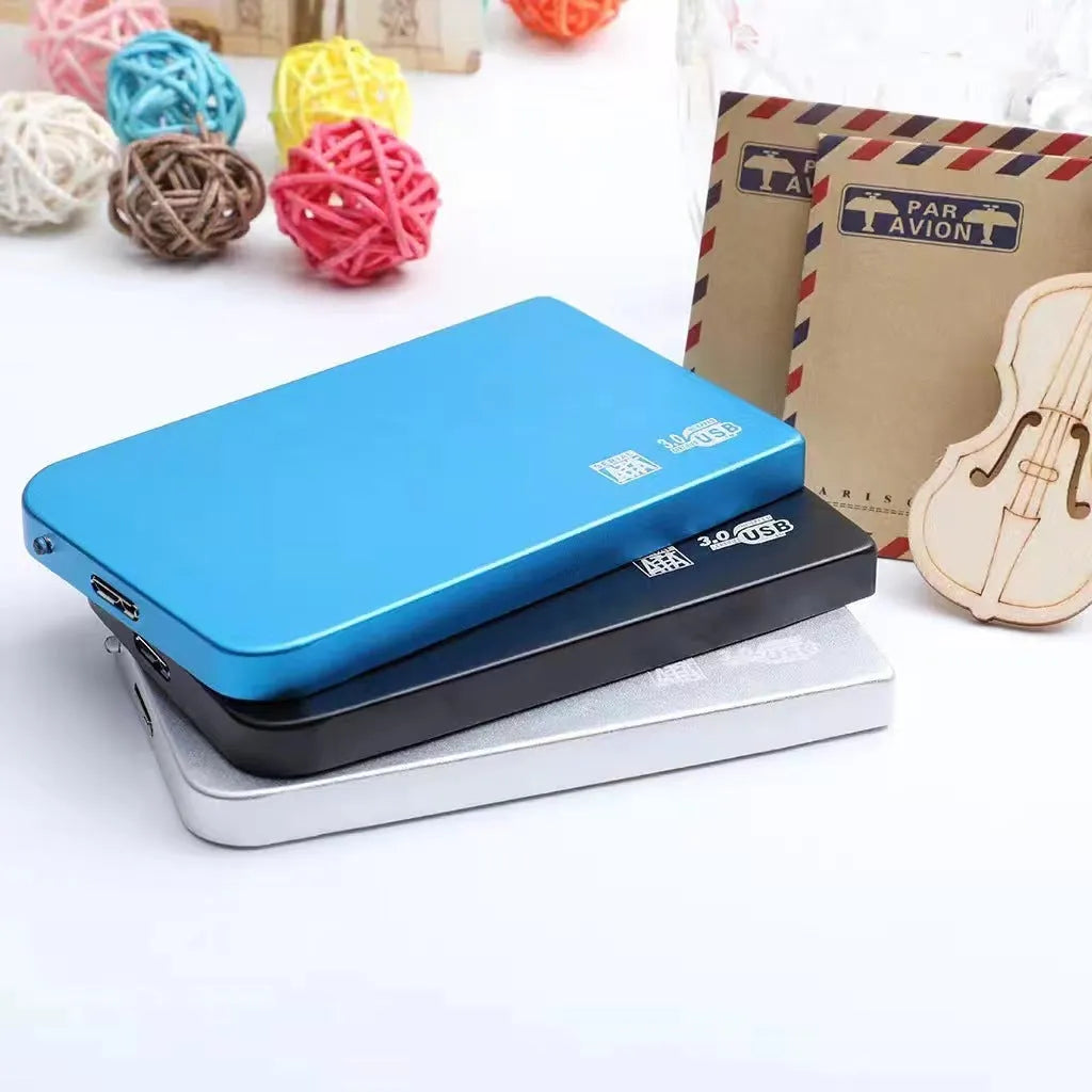 USB 3.0 solid state external hard drive with metal case in black, blue, red, and silver colour options