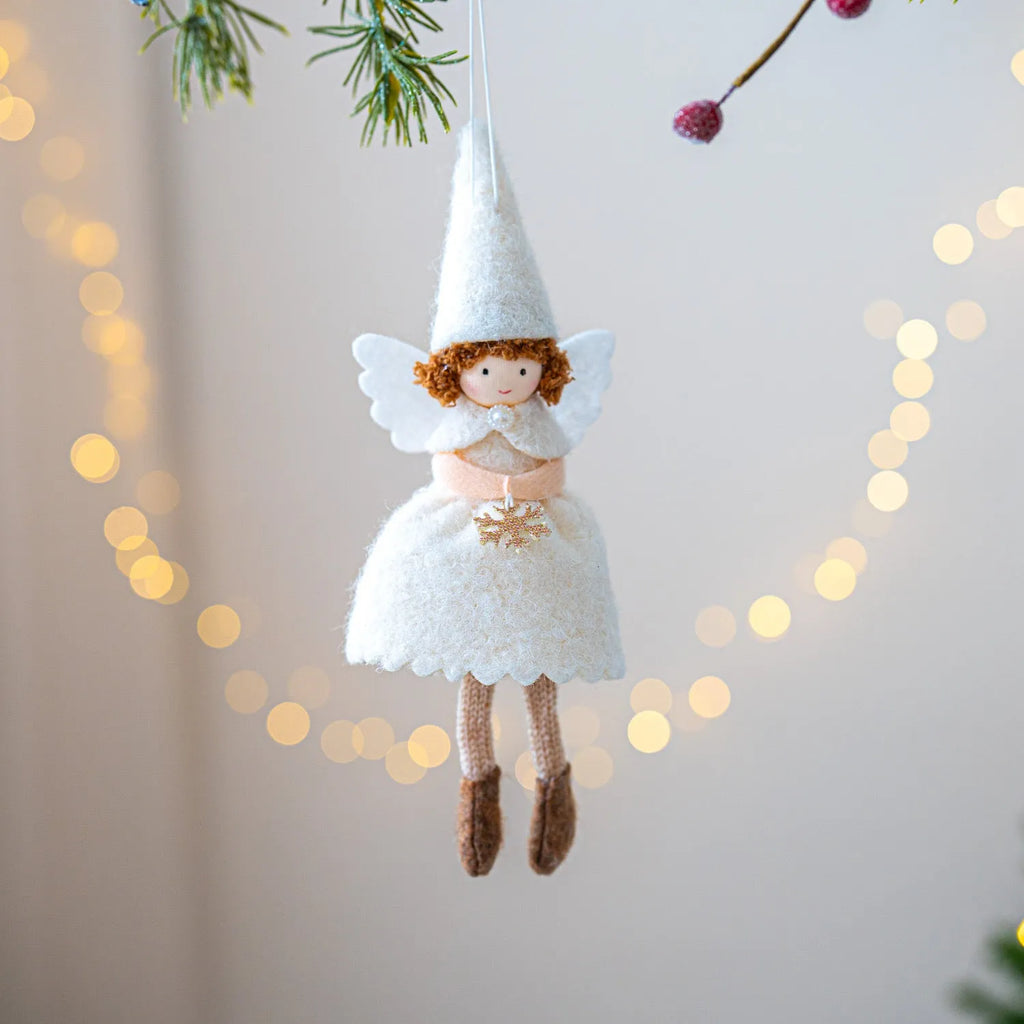 White and pink Christmas angel skirt felt pendant ornament with plush texture