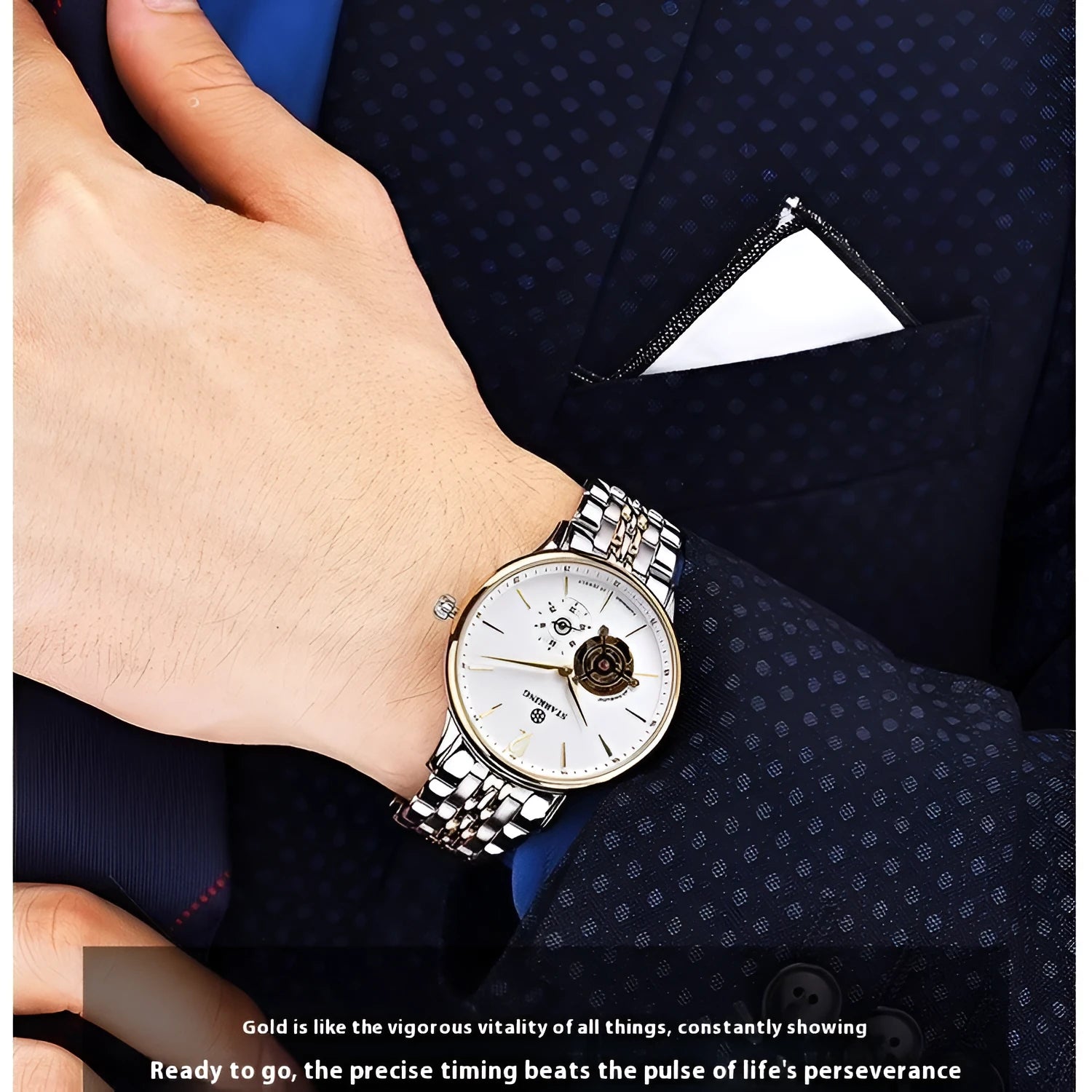 Automatic mechanical men's watch with stainless steel case, sapphire crystal glass, and brown leather strap