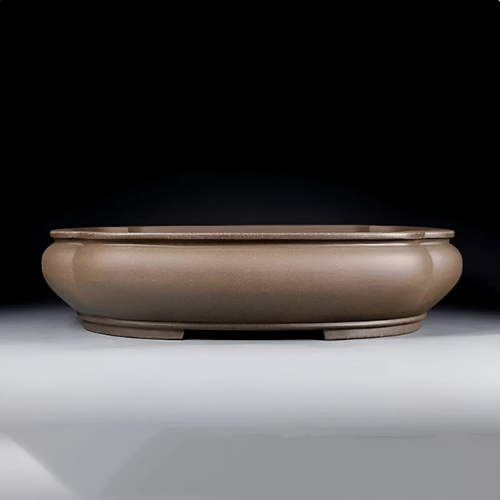 Handmade antique purple clay papaya-shaped flower pot shown from side displaying dimensions.