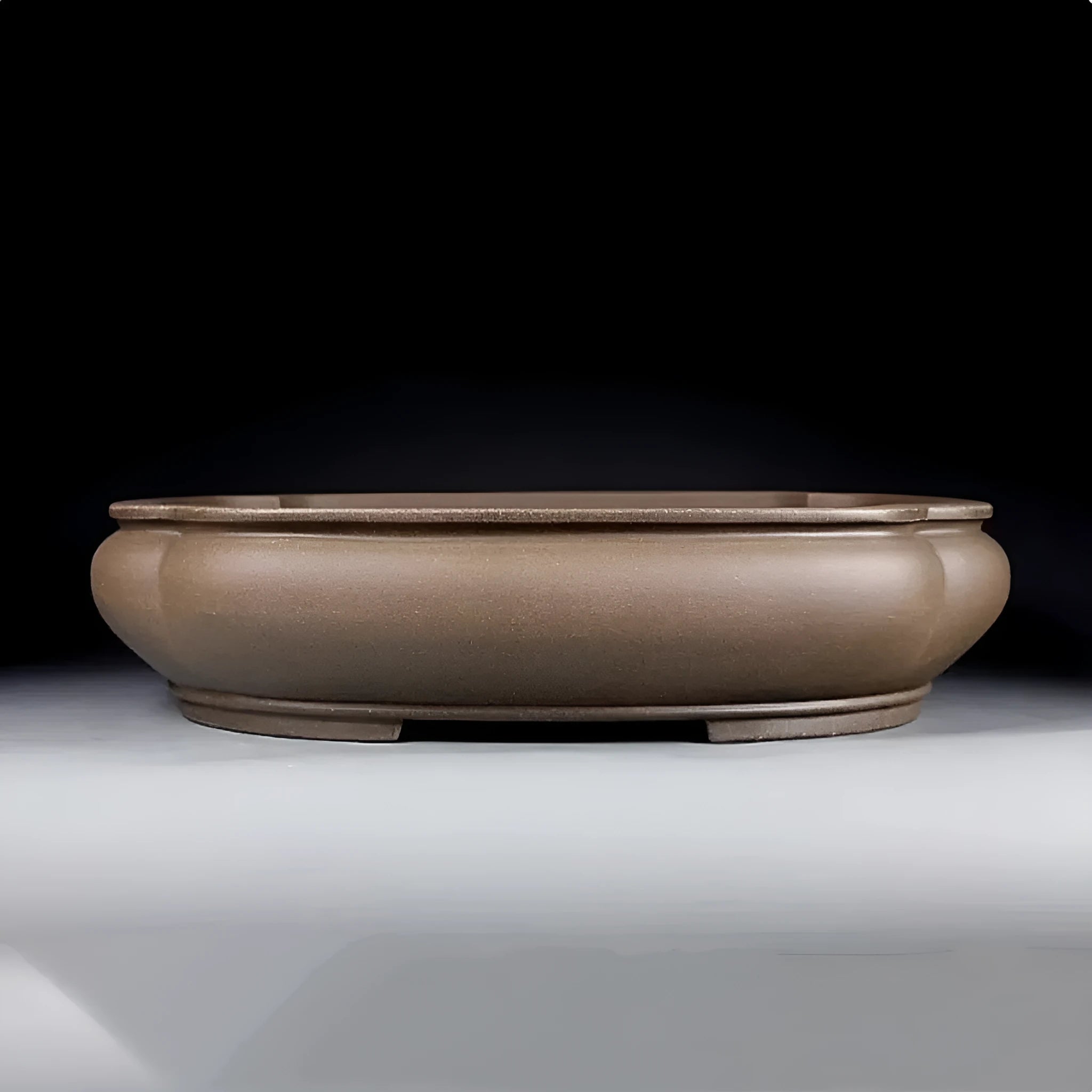 Handmade antique purple clay papaya-shaped flower pot shown from side displaying dimensions.