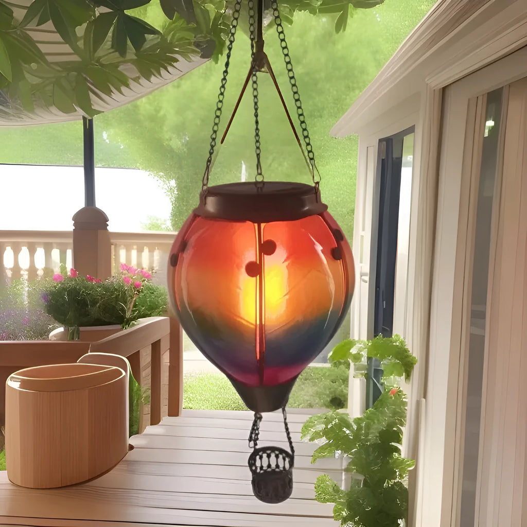 Solar hot air balloon water drop lantern with coloured glass and 15 white LEDs