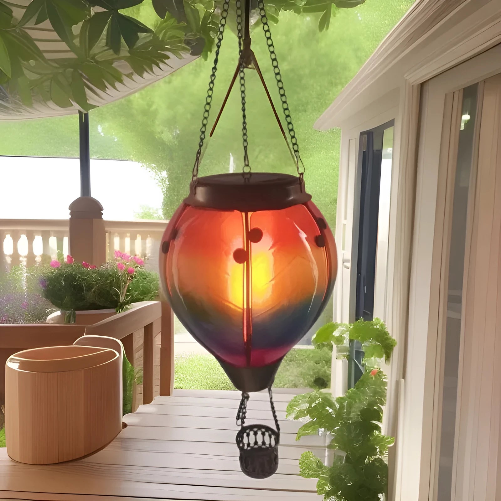 Solar hot air balloon water drop lantern with coloured glass and 15 white LEDs