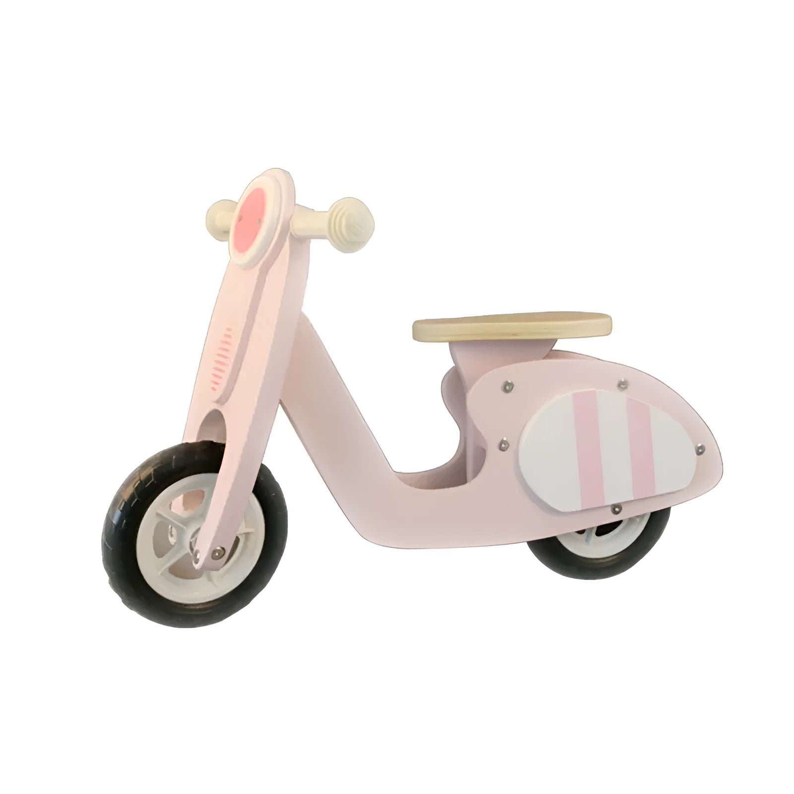 Pink wooden balance scooter for toddlers and young children on a 10-inch wooden deck.