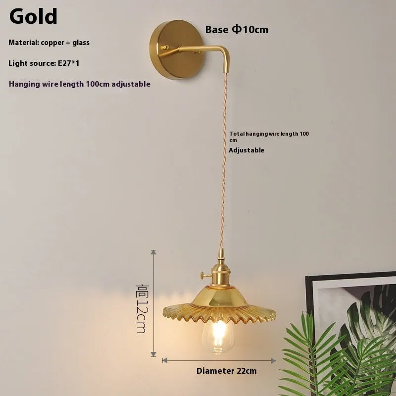 Retro brass lotus wall lamp with glass shade in various colour options