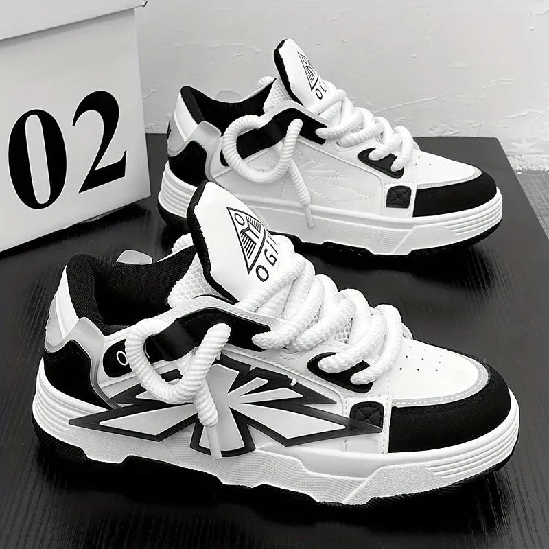 Men's white chunky sneakers with thick rubber sole and cartoon pattern details