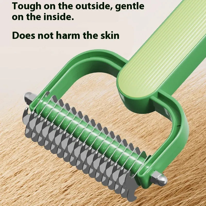 Dog grooming unknotting comb with green PP handle and stainless steel teeth