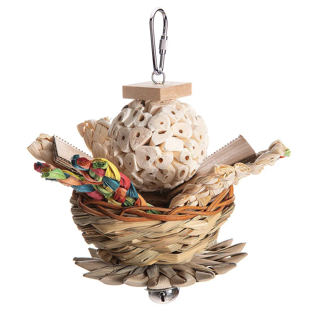 Parrot gnawing molar toy with three types of wooden blocks for chewing enrichment and beak maintenance