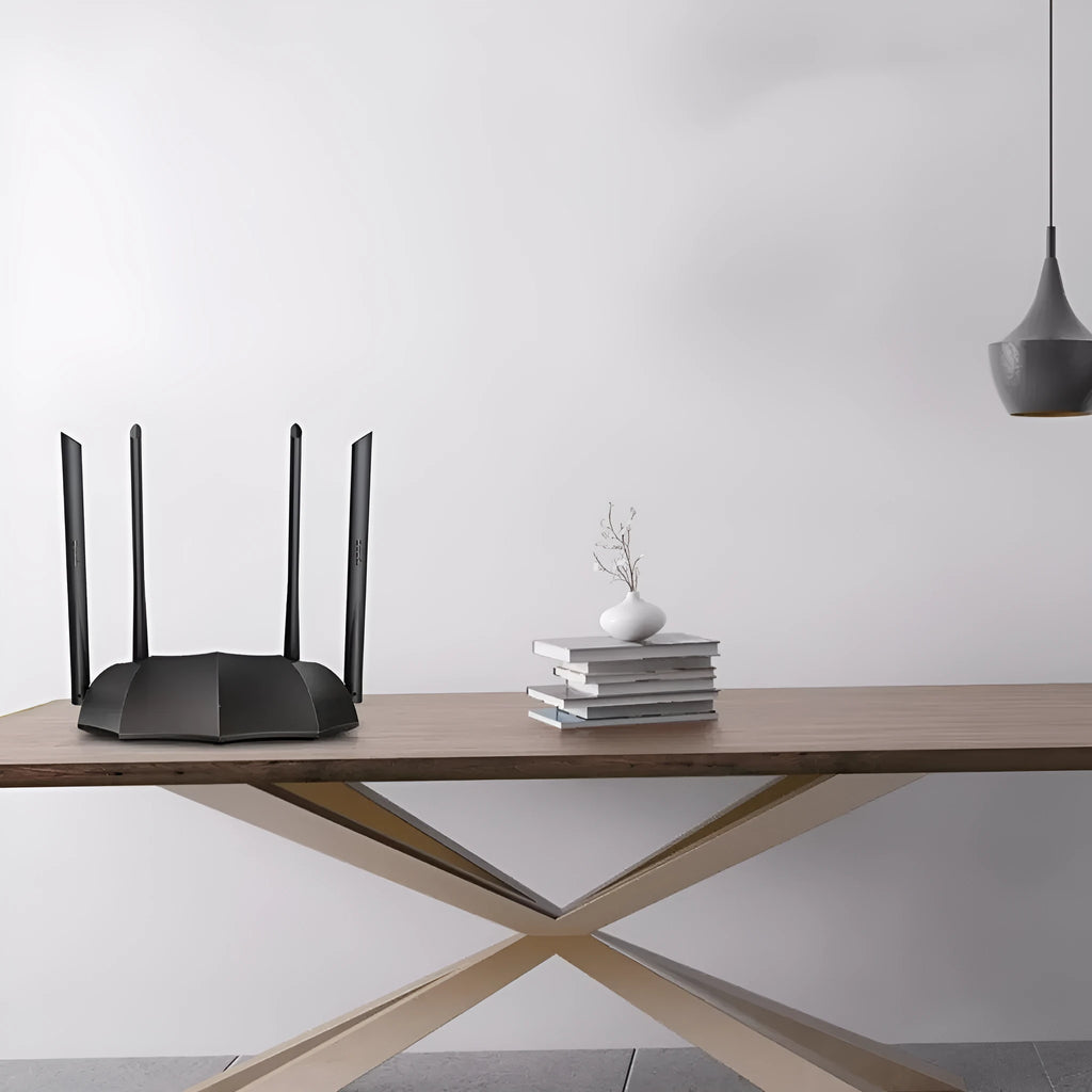 AC8 dual-band wireless router with gigabit ports measuring 365mm wide