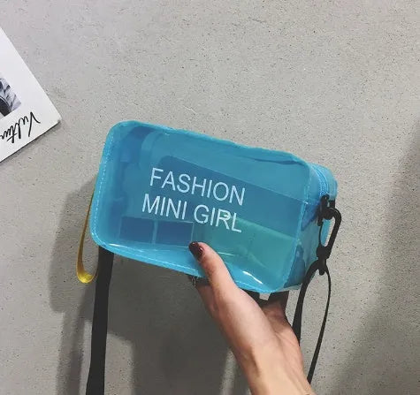 Transparent square jelly shoulder bag with adjustable strap showing mobile phone compartment