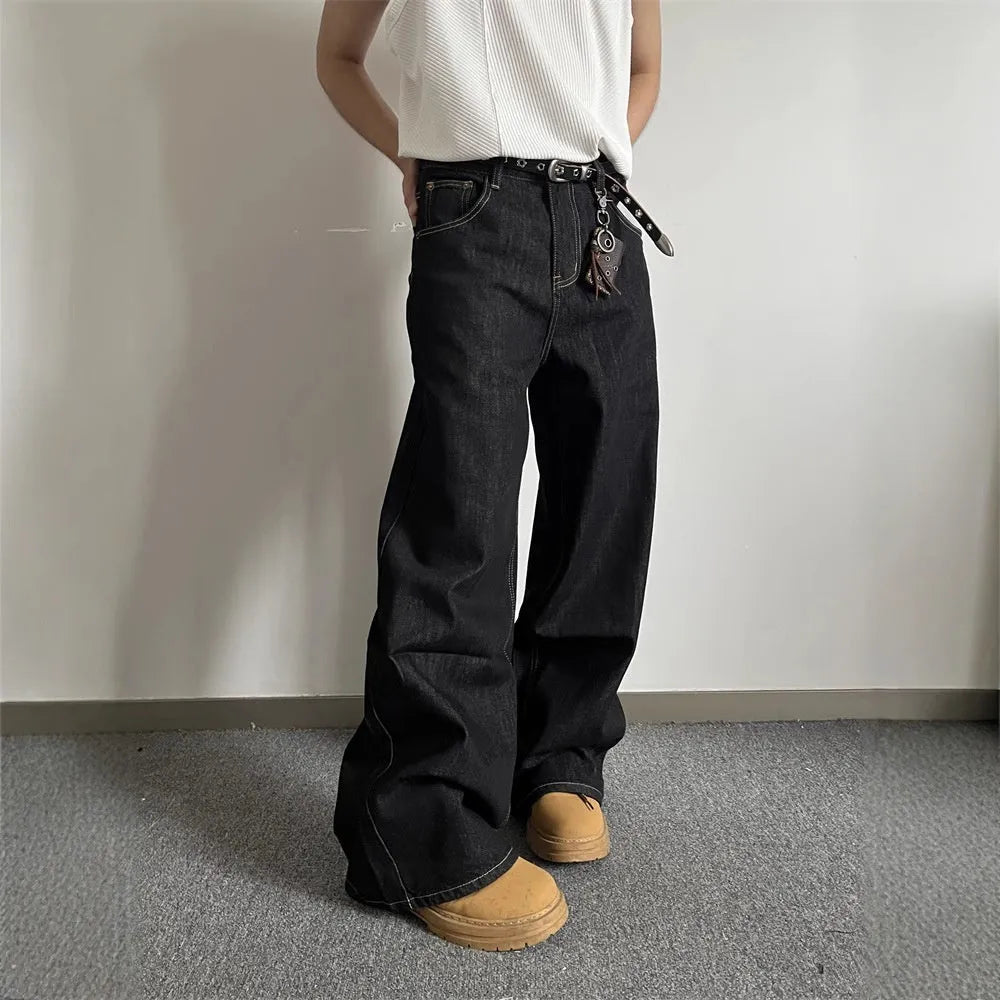 Black retro loose-fit straight-leg jeans with mid-waist and zip fly on hanger