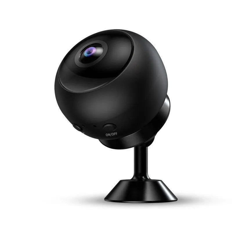 1080p wireless WiFi surveillance camera with ABS housing and USB cable on a white background.