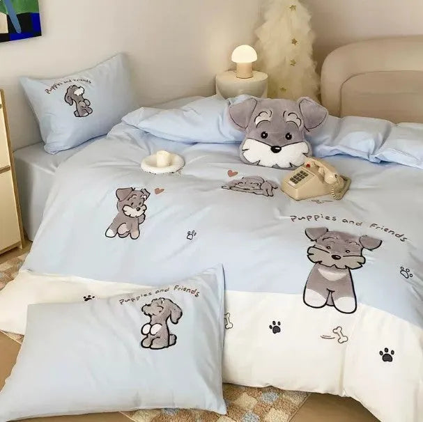 Cartoon Schnauzer bedding set with embroidered patterns showing quilt cover, sheet, and pillowcases
