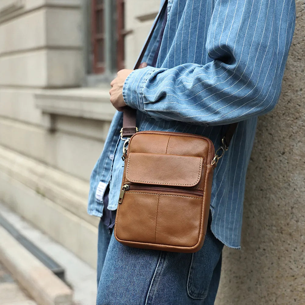 Men's brown genuine leather crossbody shoulder bag with adjustable strap