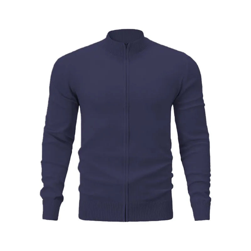 Men's grey stand collar zip-up casual sports sweater hanging on a plain background.