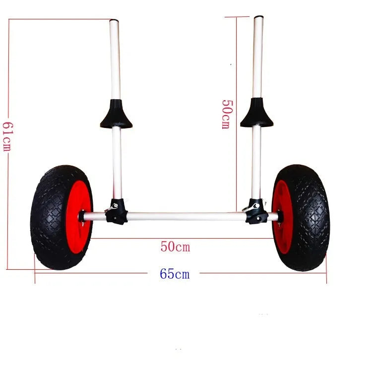 Foldable aluminium kayak cart with upright pole platform and large beach wheels for transport.